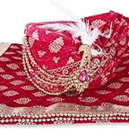 Men Cotton Blend Printed Groom's Safa Shawl Stole Set, Wedding Safa/Turban with Stole, Embroidered Turban Sehra with Stall (Pink)-image-7