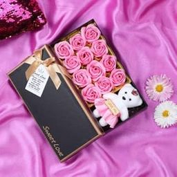 TIED RIBBONS Valentine Gift for Girls Boys Girlfriend Boyfriend Husband Wife Couple Him Her Men Women - (Scented Pink Rose Flowers Gift Box with Teddy Bear)-image-53