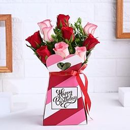 FlowerAura Fresh Live Flower Bouquet 5 Red & 5 Pink Roses Flowers In Happy Birthday Box Special Birthday Gift For Girlfriend, Boyfriend, Wife, Husband, Mom, Dad, Sister, Bestfriend (Same Day Delivery)-image-52