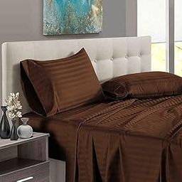 Pure DREAMS-100% Egyptian Cotton, 600 TC, 8" Deep Pocket Fitted Bedsheet-Soft-Sateen Finish Fitted Bedsheet Set 3 Piece-Chocolate Stripe (78"x 80")-image-31