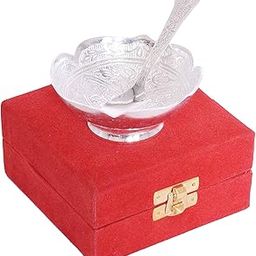 Extreme Creations AC Anand Crafts Silver Plated German Silver Traditional Bowl Spoon Set with Velvet Box -Pack of 2-image-77