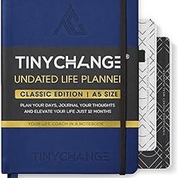 TinyChange Undated Classic Life Planner | A5 Size Diary+ 2 Pocket & Meal Planners | Achieve Goals | Gratitude Journal; Habit Tacker| 100+ Activities & Reminders | 400 Stickers | Blue Cover-19