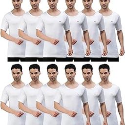 Men's Round Neck Half Sleeves 100% Cotton Vest with Extended Length for Easy Tuck (Pack of 12)-image-44