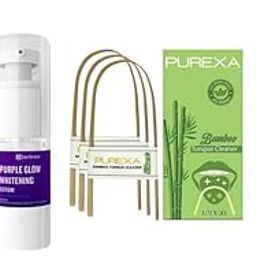 PUREXA Teeth Whitening Combo- Purple Glow Teeth Whitening Toothpaste, 30ml + Bamboo Tongue Cleaner for Gentle Tongue Cleaning, Pack of 3 + Bamboo Soft Bristles Activated Charcoal Toothbrush, Pack of 1-12