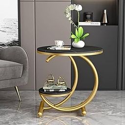Alenz Craft Coffee Table C Shape Table MDF top with Marble Look, 2 Tier Round Golden Coffee Nightstand Metal Frame Tea Table Bedside Sofaside for Living Room. Black Gold-image-40