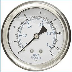Liquid Filled Pressure Gauge, 2.5" DIAL Display, Stainless Steel CASE, Brass INTERNALS, 1/4" Male NPT Back Mount Connection, Dual Scale PSI & BAR (0-15 PSI)-image-84