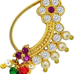 Maharashtrian Nath Alloy Pearl AD CZ Stone Studded Star Shape Gold Plated Non Pierced Nose Stud for Women and Girls (Star)-image-3
