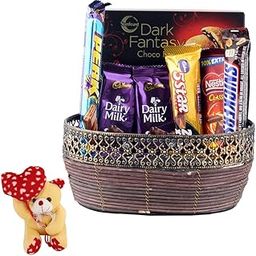 SFU E Com Beautiful Wooden Basket With Loaded Tasty Chocolates | Valentine Heart Teddy Bear With Chocolate Combo | Valentine Chocolate Hamper | 753-2