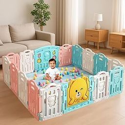 Hukimoyo 20 Panel Playpen for Babies Upto 5 Year Foldable Baby Fence Playpen with Mat & Balls Activity Play Yard for Kids Play Area Indoor Setup Fence for Toddlers Outdoor Playarea with Gate (6.4x 7.4ft=47sqft)-11