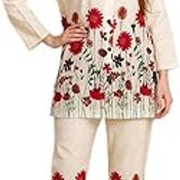 Women's Floral Print Cotton Loungewear Set, 3/4 Shirt and Pants, Cream with Red Flowers-image-36