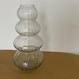 Clear Glass Decorative Indo Vase, Stacked Gourd Design, 4-Tier Ribbed Pattern-57