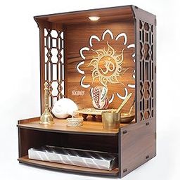 Hoodwin Wooden Wall Mounted Pooja Temple Shelf, Traditional Style with LED Light, Brown, 40 x 30 x 25 cm (Brown, T1)-picture-11