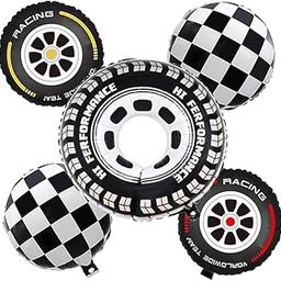 FI - FLICK IN 5 Pcs Racing Car Theme Birthday Decoration Tyre Shape Foil Balloon Tire Checkered Balloons for Decoration (Pack of 5, Black & White)-image-68