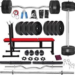BodyFit Weight Plates 3in1 Flat/Incline/Decline Bench with 2 Bars N 2 Dumbbell Rods, Gym Bag and Accessories Home Gym Combo Set (Black, 50)-8