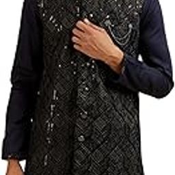 manyavar Men's Velvet Embroidered|Sequins Jacket Set (3pcs)-picture-11