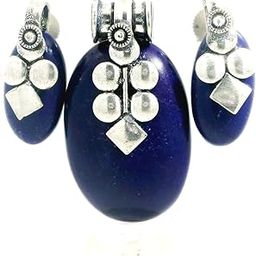 Lapis Lazuli Gemstone Pendant & Earring Set In Oxidised Silver Plating For Girls & Women GP-5305 (Blue)-image-7