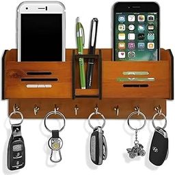 Wall Mounted Designer Key Hanger and Mobile Holder for Wall Decor Wooden Stylish Key Organizer for Home Decor and Office Decor (7 Hooks, Brown)-image-35
