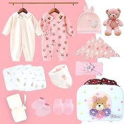 Little Surprise Box 18 Pcs Baby Pink Teddy Themed Birthday Gift Hamper for Girls with Travelling Suitcase – Soft Winterwear & Newborn Set-image-20