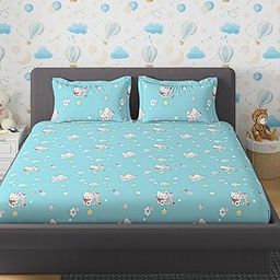 Bedirah Living 100% Cotton Queen Size Kids Cartoon Bedsheet for Kids Double Bed, 1 Pure Cotton Bed Sheet for Double Bed 90 X 108 Inches with 2 Pillow Covers | 210 TC | Fine Weave | Kitty Dreams (Blue)-image-32