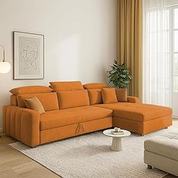 GRAPEWOOD Amber RHS 4 Seater L Shape Sofa Cum Bed for Living Room (Orange Fabric) Premium Fabric Sofa Set-image-102