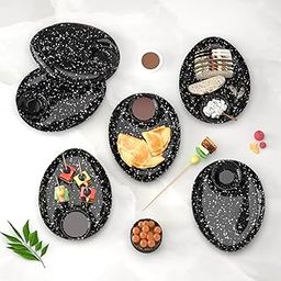 Castleite Wales Multi-Purpose Kitchen Serving Platter: Deluxe Melamine Crockery Set of 6 - Versatile Chip and Dip Dish for Snacks, Starters & Desserts (Marble Black)-14