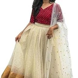 Mahi Collection Women Cotton Silk White & Red Colour Checks Half Sleeve Lehenga Choli & Dupatta Set (mahira south)-image-94