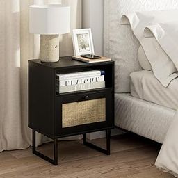 SHRIDEV WOODCRAFT Black Wooden Side Table with Open Shelf and Rattan Front Drawer | Modern End Table for Bedroom or Living Room | 39 x 29 x 56.5 cm Stylish Storage Nightstand-15