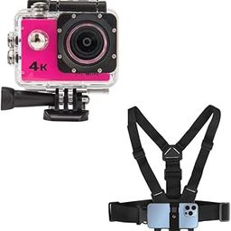 Lapras Pink 4K WiFi 16MP Sports Action Camera 30M Underwater Waterproof Camera with Adjustable View Angle with Adjustable Body Harness Chest Belt Strap with Mobile Clip and Screw Converter-24