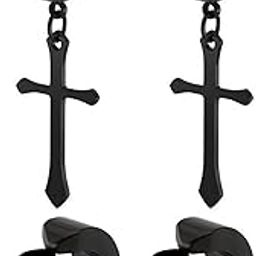 Non-pierced Earrings Set for Men Women Cross Titanium Steel Hoop Dangle Clip On Earring-image-54