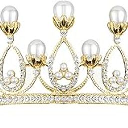 Gold Plated Cubic Zirconia & Pearl Studded Princess Tiara Crown for Girls & Women Birthday Gift Hair Accessories-12