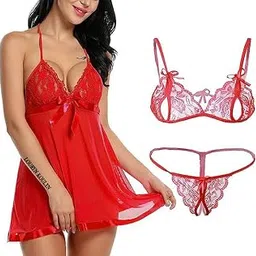 LOURYN KOULYN® Combo Offer! Women Babydoll Nightwear Lace Bra Panty Lingerie Set-image-77