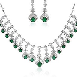Jewellery Set Silver Plated Green Drop White CZ American Diamond Latest Wedding Necklace Women/Girls-image-46