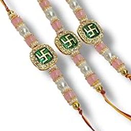 Traditional Swastik Rakhi with Pearl and Pink Beads, Set of 3, Gold-Plated-14