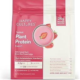Happy Cultures 24g Tastiest Plant Protein| Mahabaleshwar Strawberry & Almond Chunks| No Added Sugar| Pea & Brown Rice Protein Isolate| Vegan| 20 Complete Amino Acids| Monk Fruit Extract| Women & Men| No Bloating, Easy to Digest| Dairy Free with Probiotics - 505g-2