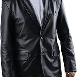 Men's Classic Black Leather Blazer, Single Button, Notch Lapel, Business Casual Jacket-image-67