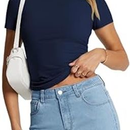 Womens Square Neck Short Sleeve Crop Top Double Lined Slim Fitted Basic Tee Going Out Cute Summer T Shirt Trendy VX22-image-78