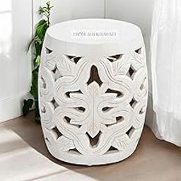 Artisanal Alchemy/Rimsa Side TBL - Decorative Garden Stool, White Ceramic, Floral Carved Design, Round-image-7