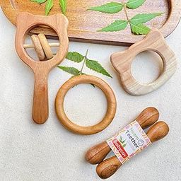 Babycov Natural Neem Wood Teether Set for Babies | Organic Teething Toy for Newborns (0–12 Months) | Eco-Friendly, BPA-Free, Wooden Teether Gift Combo for Infant Gifting & Pain Relief (Cat + Stick + Ring + HRattle)-image-46