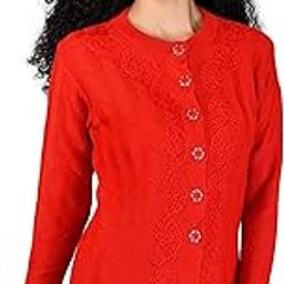 Women Woolen Round Neck Cardigan Sweater Heavy Front Long Kadai Cardigan Winter Wear Pure Wool Cardigan for Women Free Size Cotty Warm Cardigans with Side Pockets (M, RED)-image-81