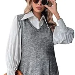 quecy Women's V Neck Knit Sweater Vest Solid Split Side Sleeveless Loose Blouse Tank Top |Gray |One Size-picture-36