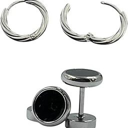 Silver Twisted Hoop Earrings and Black Onyx Cufflinks Set, Classic Round Design-image-32