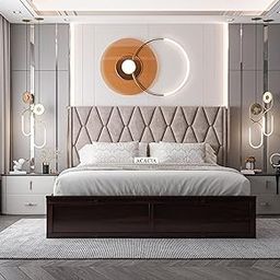 Acacia Modern Sheesham Wood King Size Bed with Box Storage for Bedroom | Wooden Double Bed with Storage | Cot Bed with Full Upholstered Cushion Headboard | 6.5 X 6 Ft | Walnut Finish & Beige-image-13
