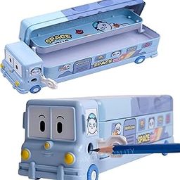 FAMOUS QUALITY® 2 in 1 - Cartoon Printed School Bus Metal Pencil Box with Moving Tyres and Sharpener for Kids - Blue,Metal-2