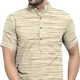 Short Sleeve Striped Kurta, Cotton Blend, Light Blue, Mandarin Collar-image-72