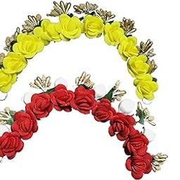 Arooman™ Bridal Artificial Flower Hair Juda Tiara/Gajra Hair Accessories for Women & Girls, Pack_02, Color-Yellow & Red-image-25