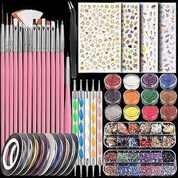 H-STYLE STORE Nail Art Kit, Glitter Stickers Brushes Set with Dotting Tools, Gems, Striping Tape for Beginners-15