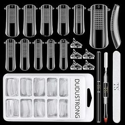 Dual Nail Forms Set Clear Dual Forms for Poly Gel Nail 100PCS Nail Extension Gel Nail Molds Full Cover Nail Tip 10 Sizes with Dual-end Poly Nail Gel Brush Manicure Tools for Nail Salon Home DIY(545DD)-47