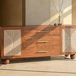 Orange Tree Abacus Sideboard with Danish Cord Detailing Golden Brass Handles and Acacia Wood Frame for Dining Room Living Room or Entryway Storage Cabinet-image-54