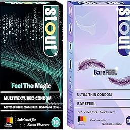 Stout Barefeel With Mutual Climax Condom Combo For men |Dotted|ribbed|Ultra Thin|Countoured (Benzocaine + Barefeel) (Pack Of 2) 10s-12