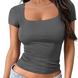 Womens Square Neck Short Sleeve Crop Top Double Lined Slim Fitted Basic Tee Going Out Cute Summer T Shirt Trendy L2662 VK-image-39